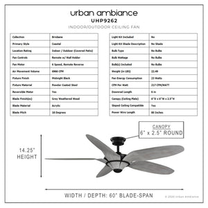 Gorgeous and beautiful Urban Ambiance's UHP9262 Urban Loft Ceiling Fan 14.25''H x 60''W, Midnight Black Finish, Brisbane Collection.
