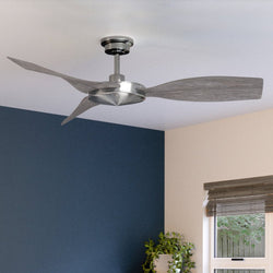 A beautiful UHP9270 Modern Ceiling Fan 11.5''H x 54''W with a Brushed Nickel Finish, Newcastle Collection from Urban Ambiance in a room with blue walls.