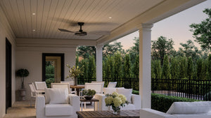 A rendering of a luxurious patio with white furniture and an Urban Ambiance UHP9271 Modern Ceiling Fan 11.5''H x 54''W, Olde Bronze Finish, Newcastle Collection