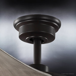 A close-up of a modern ceiling fan from the Newcastle Collection with an Olde Bronze finish and a black shade.