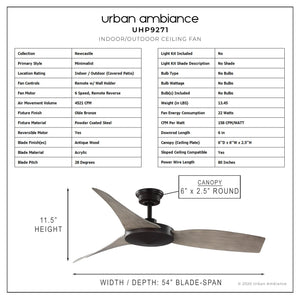 A diagram showcasing the dimensions of a stunning Urban Ambiance UHP9271 Modern Ceiling Fan 11.5''H x 54''W in Olde Bronze Finish from the Newcastle Collection