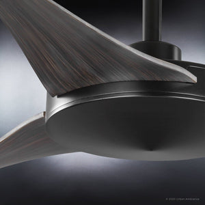 An Urban Ambiance UHP9272 Modern Ceiling Fan 11.5''H x 54''W, Midnight Black Finish, Newcastle Collection with a wooden blade, featuring a unique design.