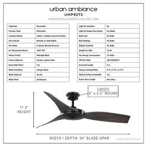 A diagram displaying the dimensions of a UHP9272 Modern Ceiling Fan 11.5''H x 54''W, Midnight Black Finish, Newcastle Collection by Urban Ambiance.