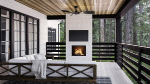 A rendering of a porch with a gorgeous Urban Ambiance UHP9272 Modern Lighting Fixture 11.5''H x 54''W, Midnight Black Finish, Newcastle Collection and a couch.