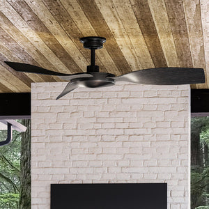 A beautiful modern ceiling fan with a unique Midnight Black Finish from the Newcastle Collection adds luxury to a living room with a TV.
