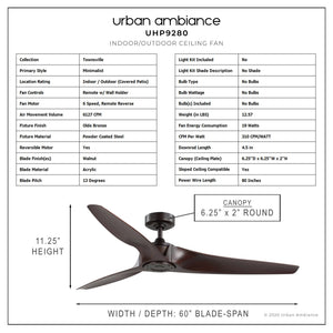 A diagram showcasing the dimensions of the UHP9280 Modern Ceiling Fan 11.25''H x 60''W, Olde Bronze Finish, Townsville Collection by Urban Ambiance