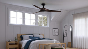 A bedroom with a unique Urban Ambiance UHP9280 Modern Ceiling Fan 11.25''H x 60''W, Olde Bronze Finish, Townsville Collection and a bed.