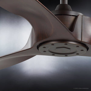 A unique and beautiful Urban Ambiance UHP9280 Modern Ceiling Fan with a luxurious Olde Bronze Finish from the Townsville Collection featuring brown blades on a dark background.