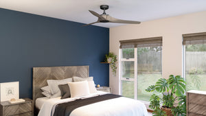 A beautiful bedroom with blue walls and an Urban Ambiance UHP9281 Modern Ceiling Fan 11.25''H x 60''W, Aged Nickel Finish, Townsville Collection.