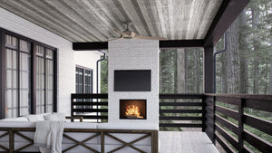 A rendering of a porch with a beautiful Urban Ambiance UHP9282 Modern Ceiling Fan, Midnight Black Finish.