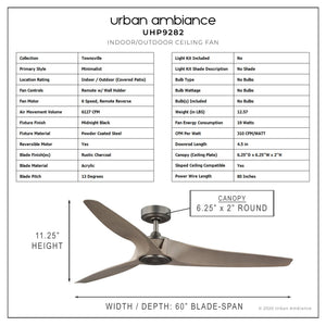 A diagram showing the dimensions of a luxury Urban Ambiance UHP9282 Modern Ceiling Fan.