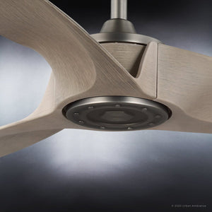 An image of a unique Urban Ambiance UHP9282 Modern Ceiling Fan 11.25''H x 60''W, Midnight Black Finish, Townsville Collection with wooden blades.