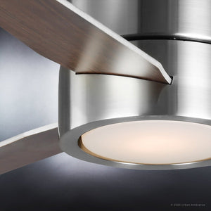 A beautiful lighting fixture, the UHP9290 Mid-Century-Modern Ceiling Fan is a brushed nickel lamp with wooden blades from the Camden Collection by Urban Ambiance.
