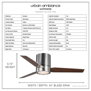 A diagram showing the dimensions of the beautiful UHP9290 Mid-Century-Modern Ceiling Fan 9.75''H x 44''W, Brushed Nickel Finish, Camden Collection by