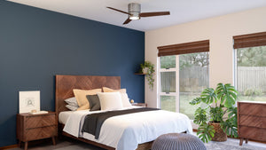 A bedroom with unique Urban Ambiance UHP9290 Mid-Century-Modern Ceiling Fan 9.75''H x 44''W, Brushed Nickel Finish and gorgeous wooden furniture from