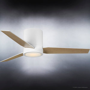 A beautiful UHP9291 Mid-Century-Modern Ceiling Fan 9.75''H x 44''W, Matte White Finish, Camden Collection by Urban Ambiance with wooden