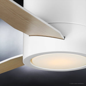 An Urban Ambiance UHP9291 Mid-Century-Modern Ceiling Fan 9.75''H x 44''W, Matte White Finish, Camden Collection with wooden blades featuring