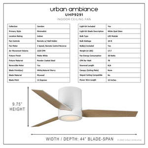 Urban Ambiance UHP9291 Mid-Century-Modern Ceiling Fan with blades and lighting fixture, 9.75''H x 44''W, Matte White Finish, Camden Collection.
