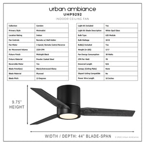 Urban Ambiance UHP9292 Mid-Century-Modern Ceiling Fan 9.75''H x 44''W, Midnight Black Finish, Camden Collection with luxury lighting fixture.