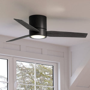 A unique Urban Ambiance UHP9292 Mid-Century-Modern Ceiling Fan 9.75''H x 44''W, Midnight Black Finish, Camden Collection with black blades