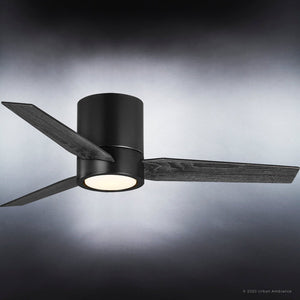 An Urban Ambiance UHP9292 Mid-Century-Modern Ceiling Fan, Midnight Black Finish, Camden Collection with unique lighting fixture.