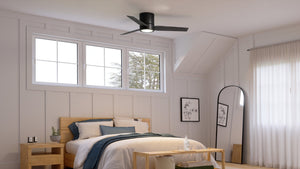 A beautiful bedroom with a bed and an UHP9292 Mid-Century-Modern Ceiling Fan.