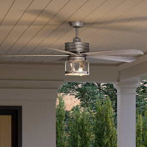 A beautiful Urban Ambiance UHP9301 Coastal Ceiling Fan 20.755''H x 56''W, Galvanized Steel Finish, Cairns Collection lighting fixture with a glass shade