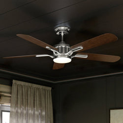 A beautiful UHP9310 Traditional Ceiling Fan with a brushed nickel finish from the Launceston Collection by Urban Ambiance enhances the luxury of a room with black walls.