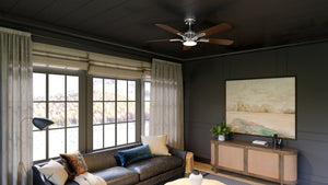 A living room with a gorgeous lighting fixture, the Urban Ambiance UHP9310 Traditional Ceiling Fan 15.1255''H x 54''W, Brushed Nickel Finish, Launce