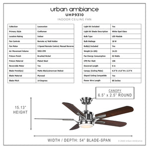 An Urban Ambiance UHP9310 Traditional Ceiling Fan with a beautiful brushed nickel finish from the Launceston Collection.