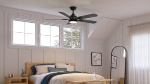 A bedroom with a bed and a gorgeous Urban Ambiance UHP9311 Traditional Ceiling Fan 15.1255''H x 54''W, Midnight Black Finish, Launceston Collection.