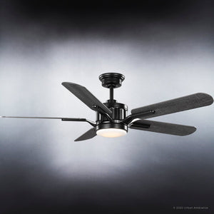 An Urban Ambiance UHP9311 Traditional Ceiling Fan 15.1255''H x 54''W, Midnight Black Finish, Launceston Collection with a beautiful light.