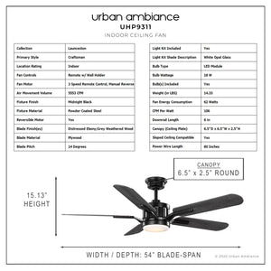 Urban Ambiance UHP9311 Traditional Ceiling Fan 15.1255''H x 54''W, Midnight Black Finish, Launceston Collection - Urban Ambiance UHP9311 Traditional