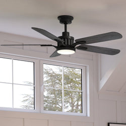 A gorgeous lighting fixture from Urban Ambiance, the UHP9311 Traditional Ceiling Fan in Midnight Black Finish from the Launceston Collection adds elegance to a living room.