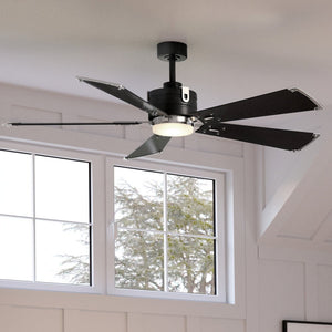 A beautiful Urban Ambiance UHP9322 Transitional Ceiling Fan with black blades in a living room.