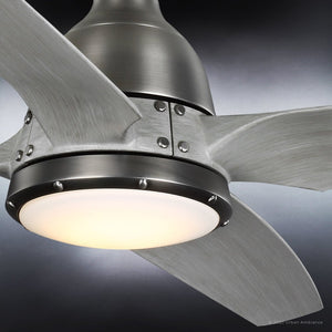 A beautiful Urban Ambiance UHP9330 Urban Loft Ceiling Fan 16''H x 56''W, Aged Nickel Finish, Bunbury Collection with two blades and a light.