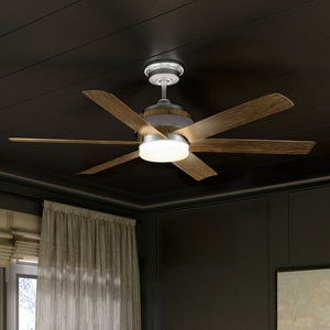 A beautiful Urban Ambiance UHP9332 Transitional Ceiling Fan with an Aged Nickel Finish from the Melton Collection, in a room with black walls.