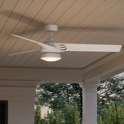 An UHP9350 Contemporary Ceiling Fan with a beautiful Matte White Finish, Tamworth Collection by Urban Ambiance on a porch.