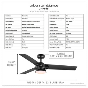 A beautiful diagram showing the dimensions of a unique Urban Ambiance UHP9351 Contemporary Ceiling Fan.