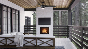 A beautiful living room with a unique UHP9351 Contemporary Ceiling Fan 13.505''H x 52''W, Midnight Black Finish, Tamworth Collection by Urban Ambiance on the porch