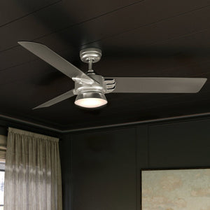 A beautiful Urban Ambiance UHP9352 Contemporary Ceiling Fan with a hand-painted silver finish in a room with a black ceiling.
