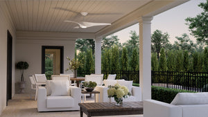 A beautiful white patio with luxurious white furniture and a UHP9360 Transitional Ceiling Fan 13.5''H x 52''W, Matte White Finish, Geraldton Collection by Urban Ambiance