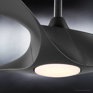 An Urban Ambiance UHP9361 Transitional Ceiling Fan 13.5''H x 52''W, Midnight Black Finish, Geraldton Collection with a lamp on it.