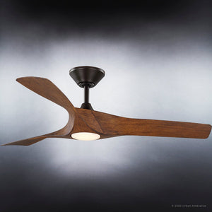 A luxurious Urban Ambiance ceiling fan with a gorgeous lighting fixture, called the UHP9362 Transitional Ceiling Fan 13.5''H x 52''W, Koa Woodgr