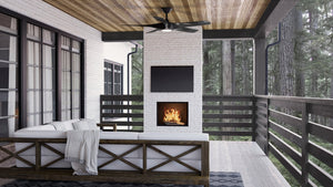 A rendering of a porch with a UHP9370 Transitional Ceiling Fan 14.25''H x 60''W and gorgeous lighting fixture, Midnight Black Finish, Albany Collection by Urban