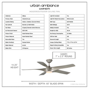 A diagram showing the dimensions of the Urban Ambiance UHP9371 Transitional Ceiling Fan 14.25''H x 60''W.