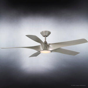 A Gorgeous Urban Ambiance UHP9371 Transitional Ceiling Fan 14.25''H x 60''W, Hand-Painted Silver Finish, Albany Collection with a light and blades.