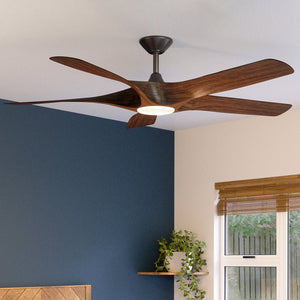 A beautiful Urban Ambiance UHP9372 Transitional Ceiling Fan with Koa Woodgrain Finish, from the Albany Collection, in a bedroom with blue walls.