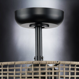 A unique UHP9380 Bohemian Ceiling Fan with a wicker basket on top.