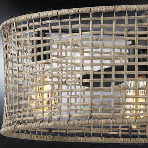 An UHP9380 Bohemian Ceiling Fan with a beautiful woven rattan shade.